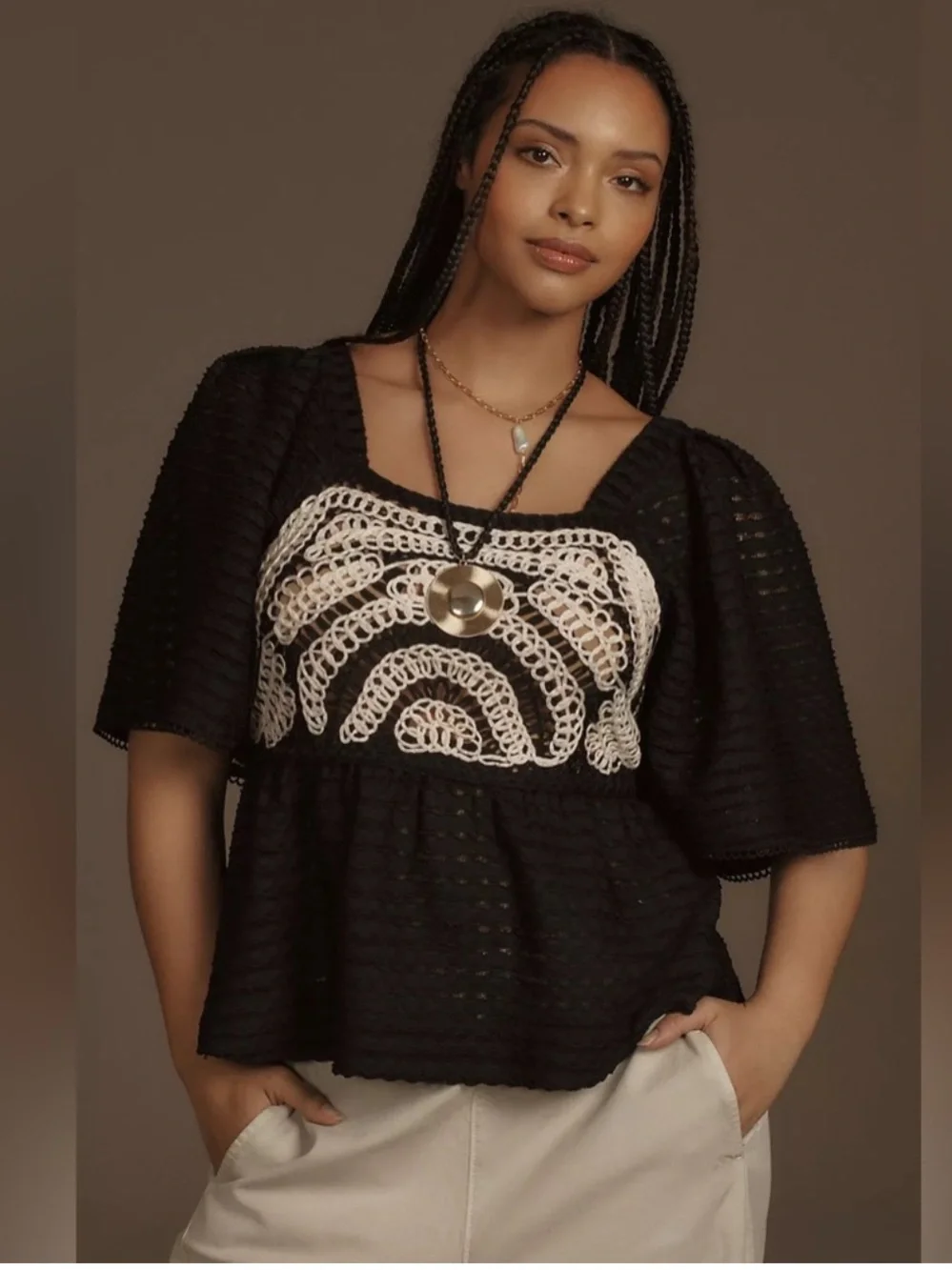 Sarah Hann x Anthropologie Black & Cream Flutter Sleeve Crochet Top - Small